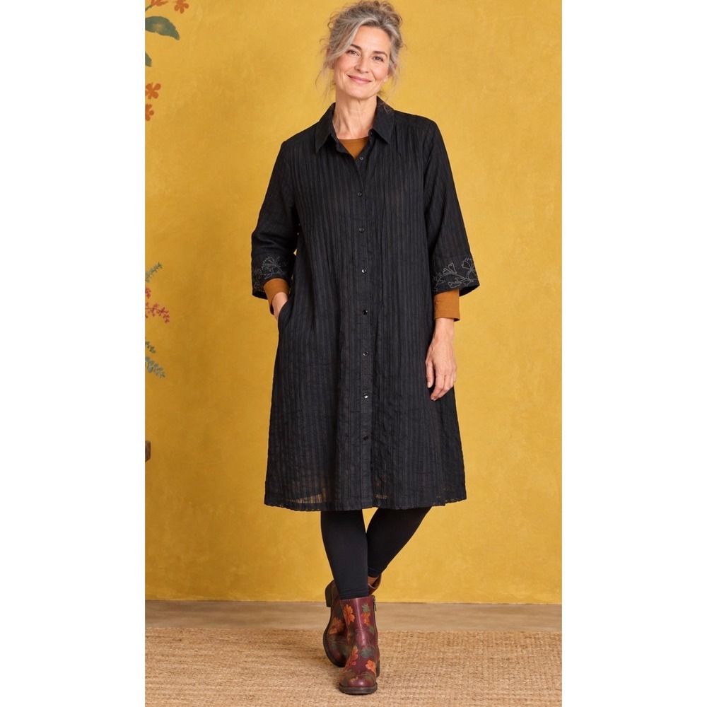 Gudrun Sjoden Kleid Varmland Black Organic Cotton Embroidered Shirt Dress M NEW